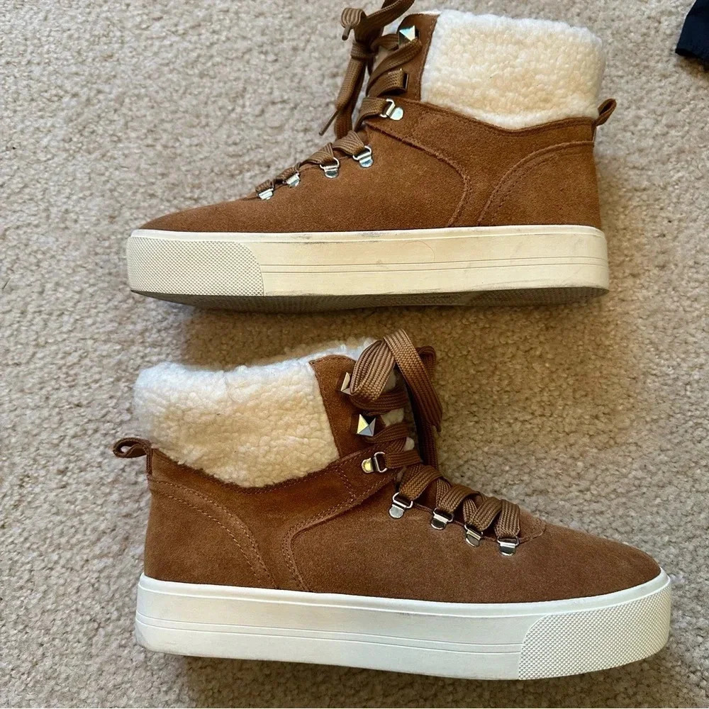 Marc Fisher Darlen Brown Tan Leather Sherpa Casual Winter Lace Ankle Boots